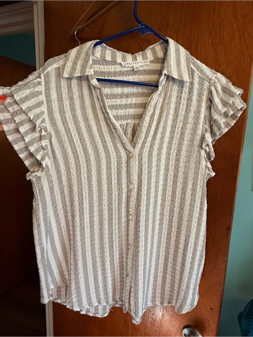 Bundle- Jane and Delancey Red & White/grey white Striped Button-Down Tops (Pair) - Picture 4 of 12